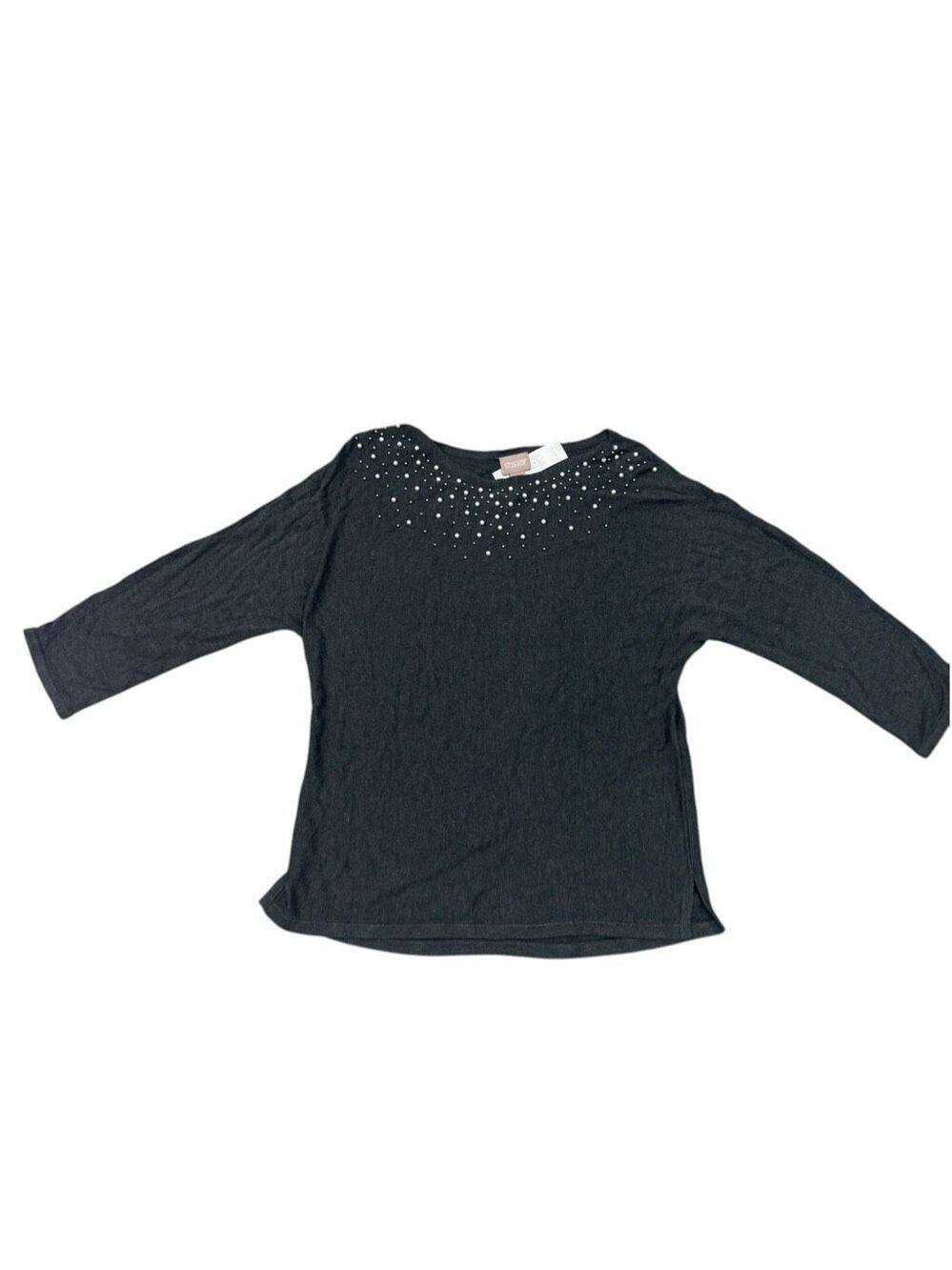 Chico's Size 1 M Black Pearl Embellished 3/4 Sleeve Knit Top NWT Defect